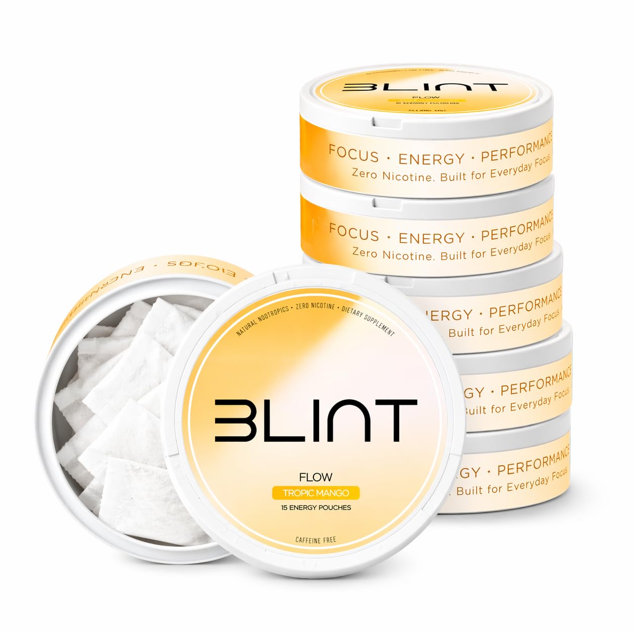 BLINT Flow Caffeine Free Nootropic Pouches | Brain Supplements for Memory and Focus | Alpha GPC, L-Theanine, L-Tyrosine | Nicotine Free, Sugar Free | Tropic Mango (6 Cans)
