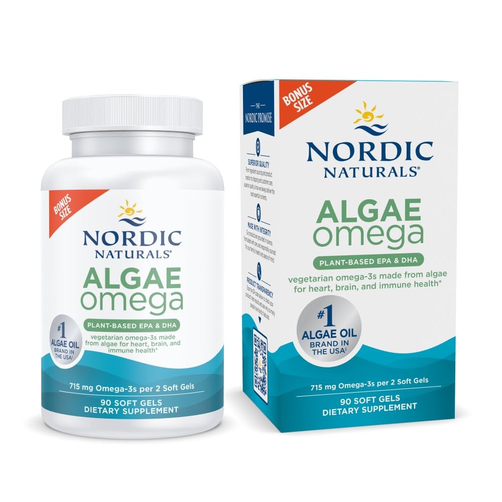 Nordic Naturals Algae Omega - 90 Soft Gels - 715 mg Omega-3 - Certified Vegan Algae Oil - Plant-Based EPA & DHA - Heart, Eye, Immune & Brain Health - Non-GMO - 45 Serving