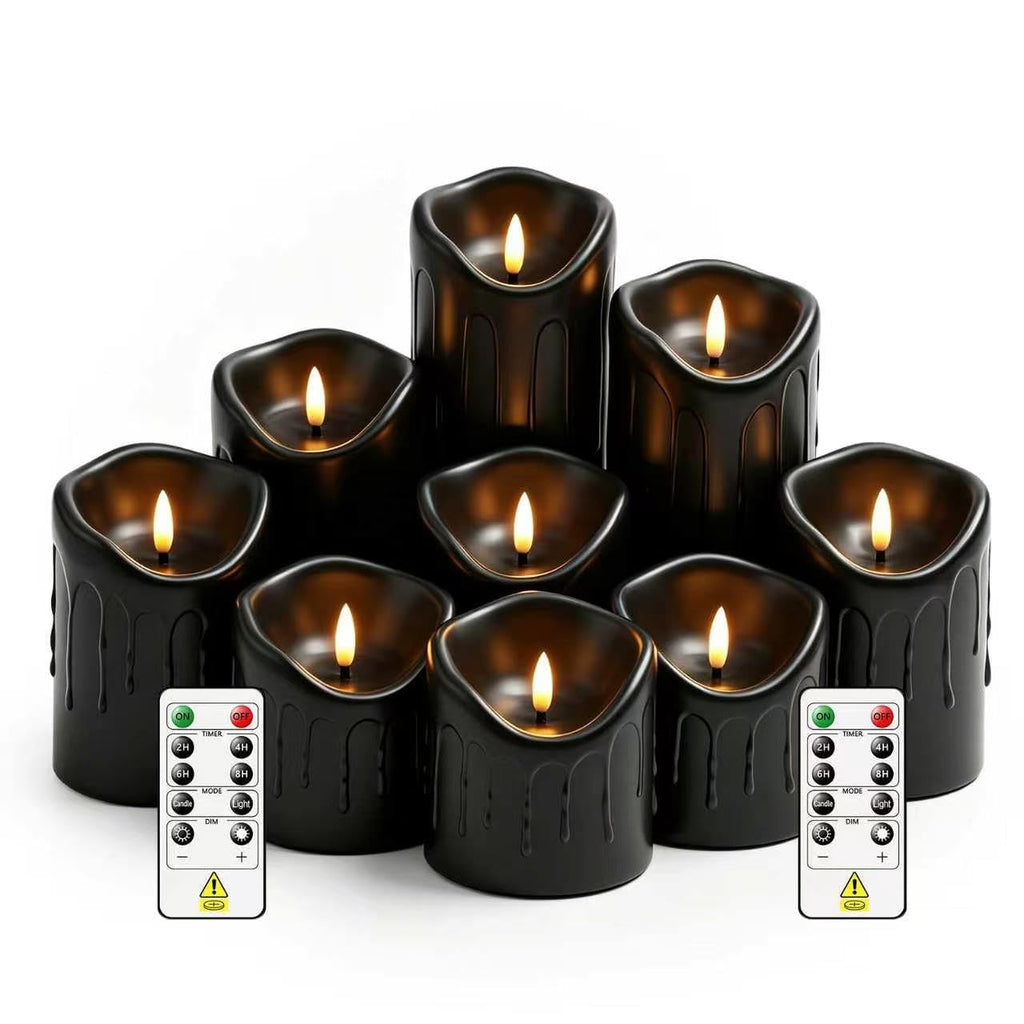 Xavnero 9 Pcs Flickering Flameless LED Pillar Candles, (D 3" x H 3" 4" 5" 6" 7") Battery Operated with Remote Plastic Wax Drip Fake Candles for Home Wedding Holiday Decor,Black