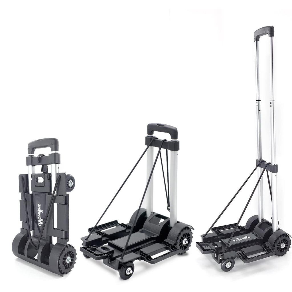 Folding Hand Truck Lightweight Trolley,Small Utility Dolly cart with 4 Wheels & 2 Elastic Ropes,Portable Backpack Trolley,Luggage cart,Dolly,Grocery cart,Travel,Moving,Shopping.Aluminum Pole,Black