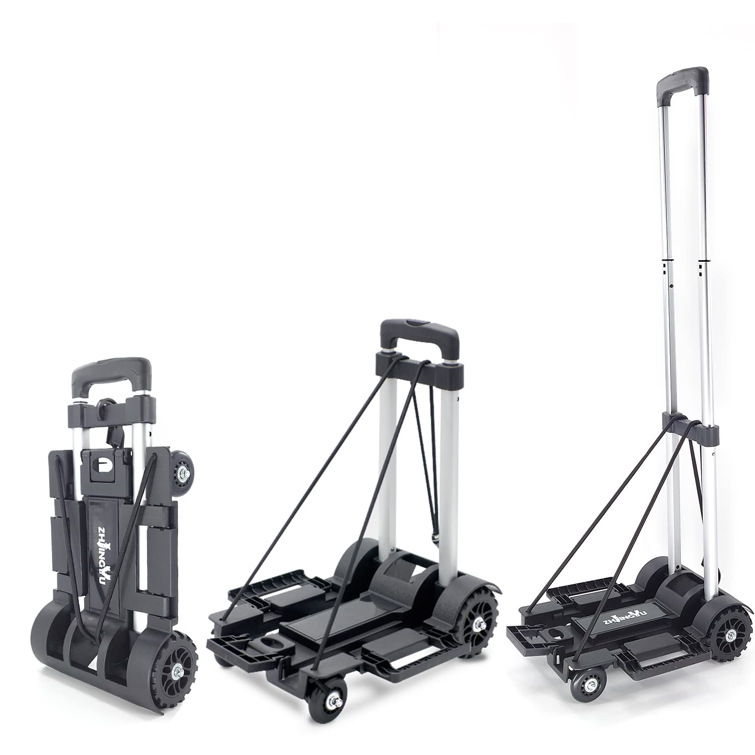 Folding Hand Truck Lightweight Trolley,Small Utility Dolly cart with 4 Wheels & 2 Elastic Ropes,Portable Backpack Trolley,Luggage cart,Dolly,Grocery cart,Travel,Moving,Shopping.Aluminum Pole,Black