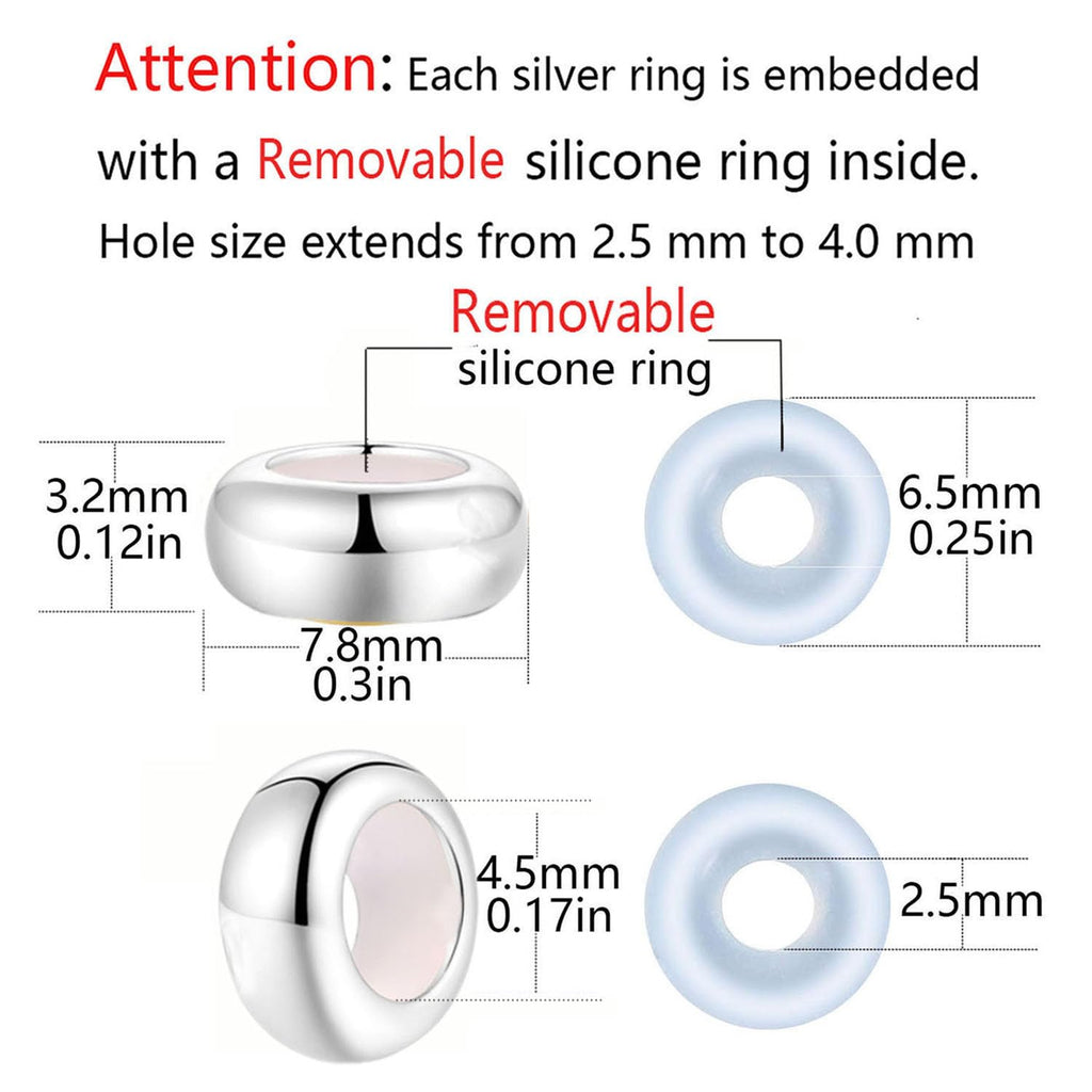 LAMOONY Clip Stopper Charms Sterling Silver Rondelle Spacer Bead for Bracelets (Silver) (Silver-4pcs)