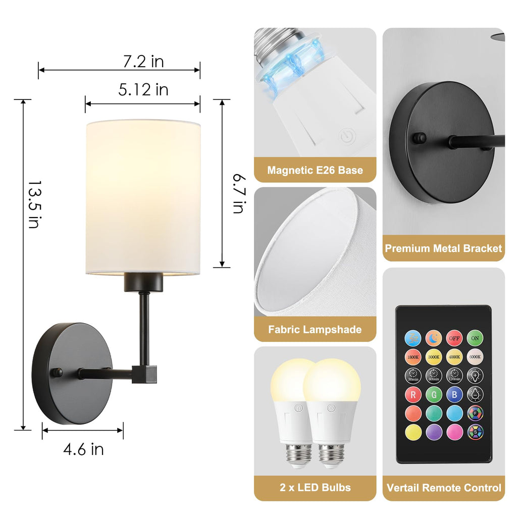 Battery Operated Wall Sconce Set of Two,Wireless Rechargeable Wall Light With Remote Control, Dimmable, 1800K/3000K/4000K/6000K/RGB, Timer, for Living Room, Bedroom, Fireplace, TV, 13.5 Inch, Black