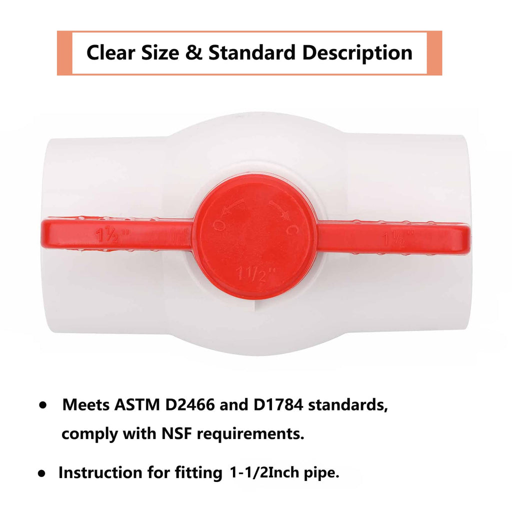 2Pcs 1-1/2" PVC Ball Valve Water Pipe Shut-off Valve Socket with Red T-Handle for Cold Water Supply lines, Irrigation Pipe fitting System(Socket x Socket), Schedule 40