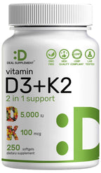 DEAL SUPPLEMENT 2 Pack Vitamin D3 5,000 IU + K2 MK7 Softgels, 500 Count | 2-in-1 Complex | Supports Heart, Bone, Teeth & Immune Health | Easy to Swallow