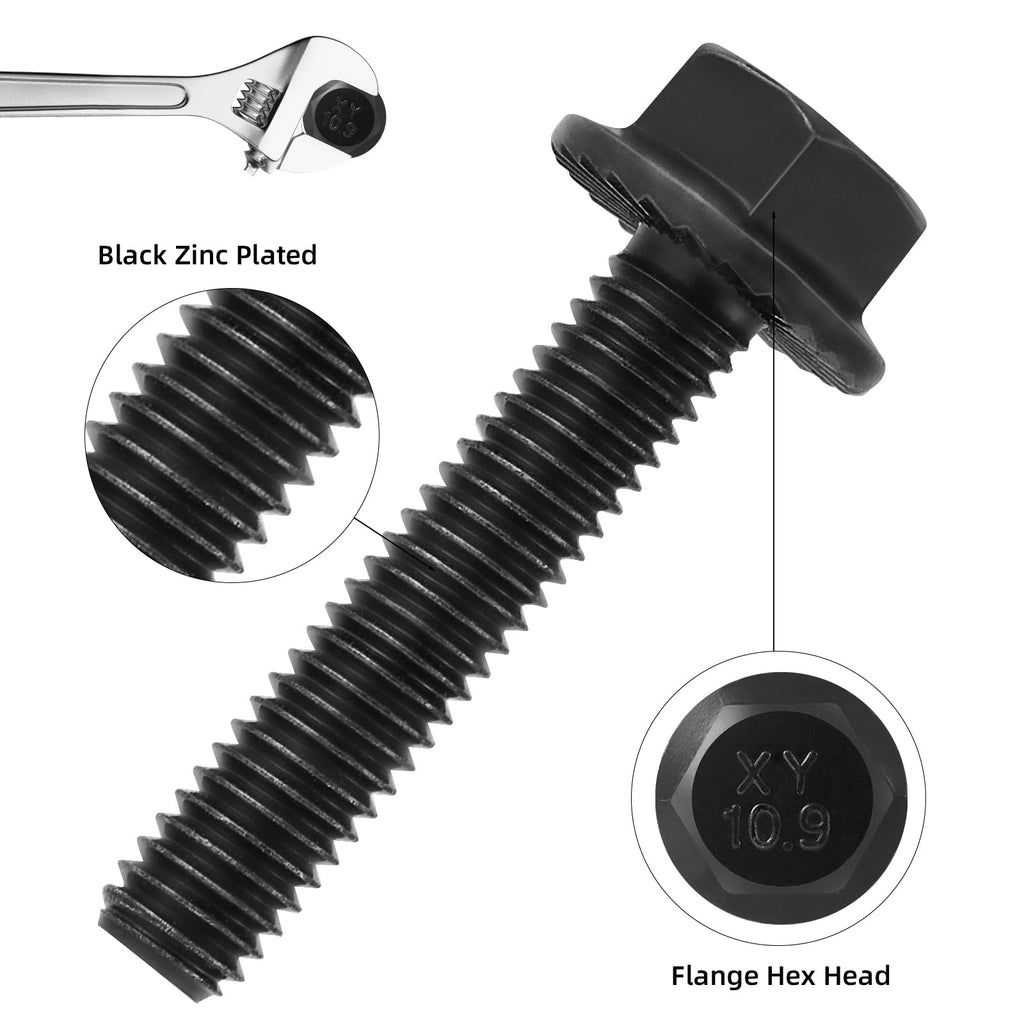 VGBUY M6-1.0 x 12mm Flanged Hex Head Bolts,External Flange Hex Drive Screws,Class 10.9 Black Zinc Plated,Alloy Steel,Full Coarse Thread,Pump,Fix Car,DIY Project(60Pcs)