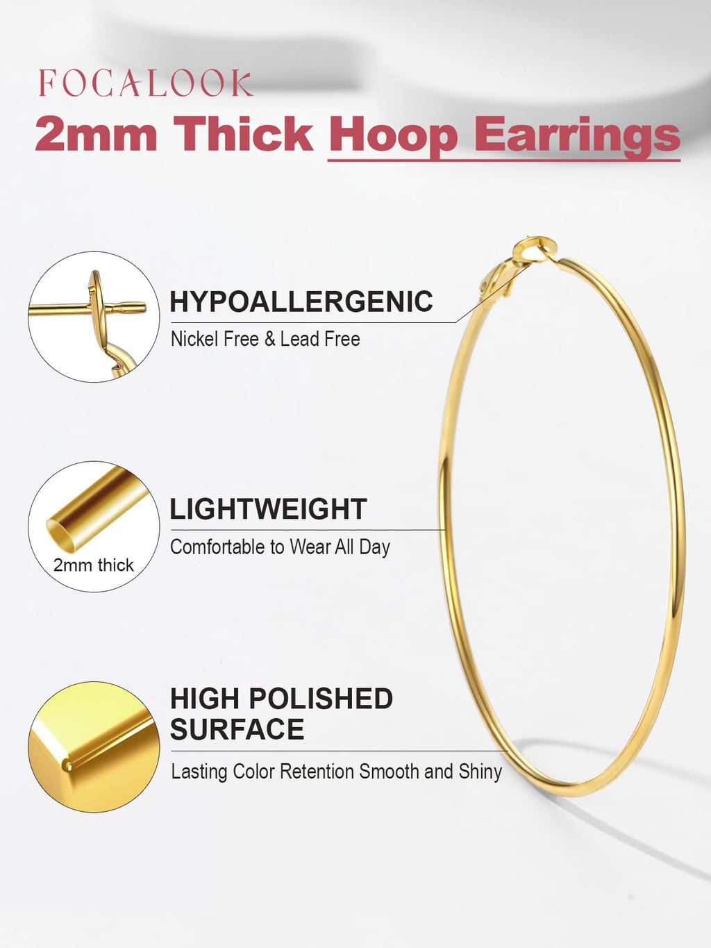 FOCALOOK Large Gold Hoop Earrings for Women 70mm 14K Gold Plated Earrings