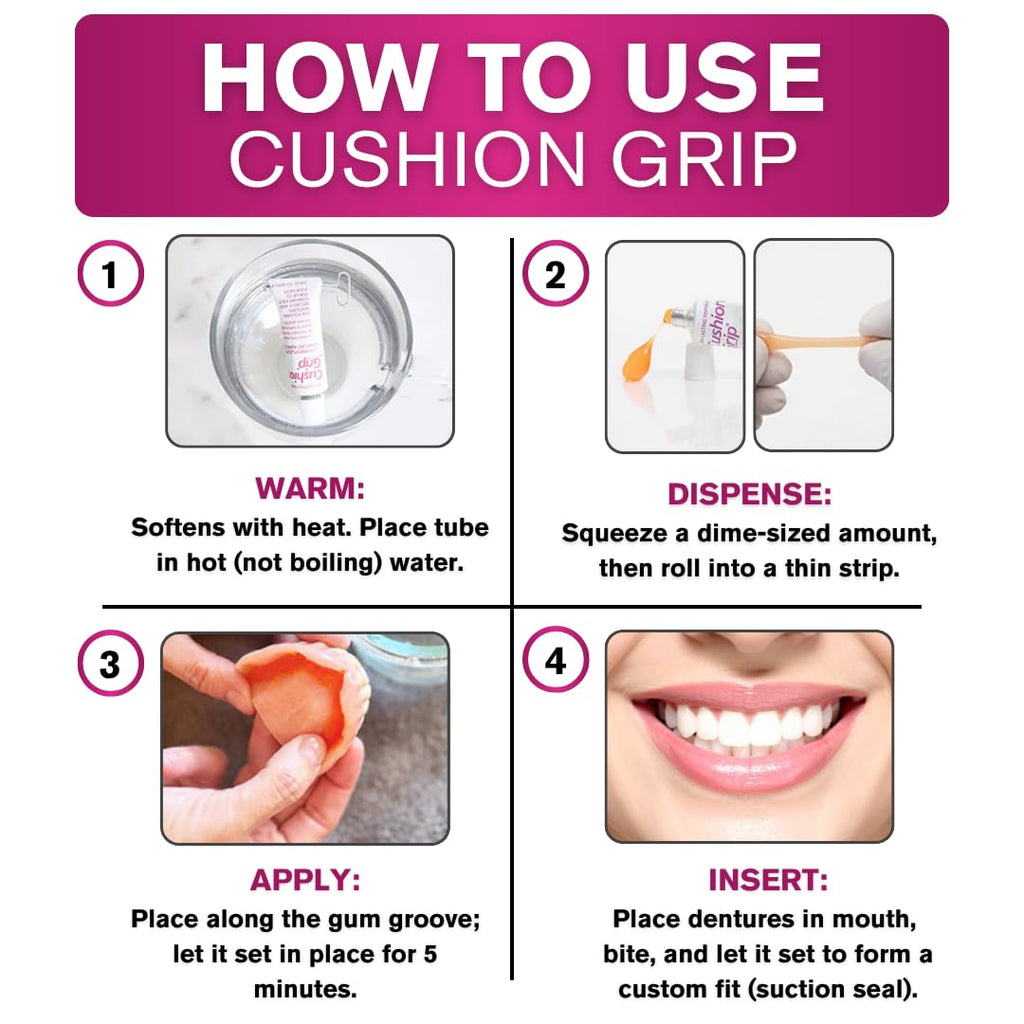 Cushion Grip Thermoplastic Denture Adhesive – Refits & Tightens Loose Dentures, Works Like a Denture Reliner for a Long-Lasting, Secure Fit & Comfort, Cushions Gums, Waterproof & Zinc-Free - 1 oz
