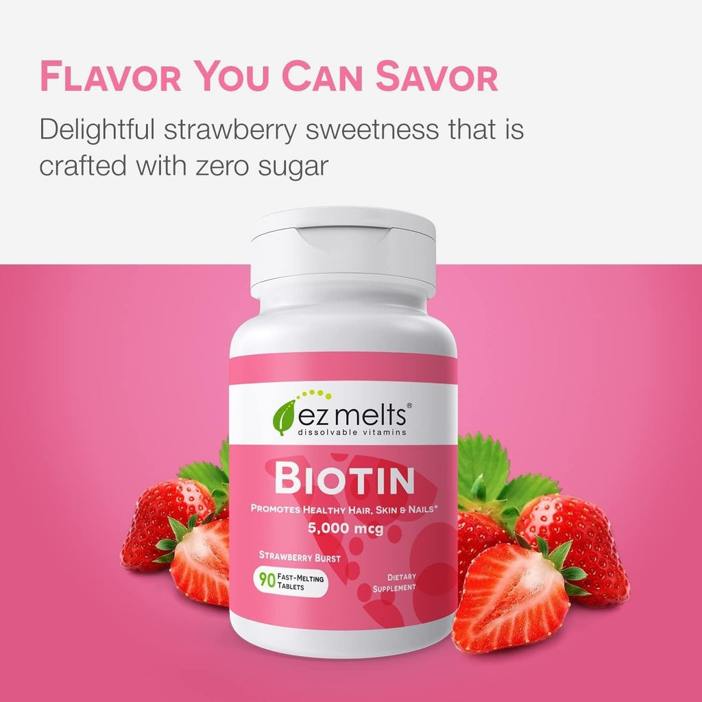 EZ Melts Biotin - Daily Vitamin B7 for Healthy Hair, Skin & Nails - Energy Metabolism Support - No Artificial Flavors - Non-GMO & Vegan - Strawberry Burst - 180 Dissolvable Tablets (180 Servings)