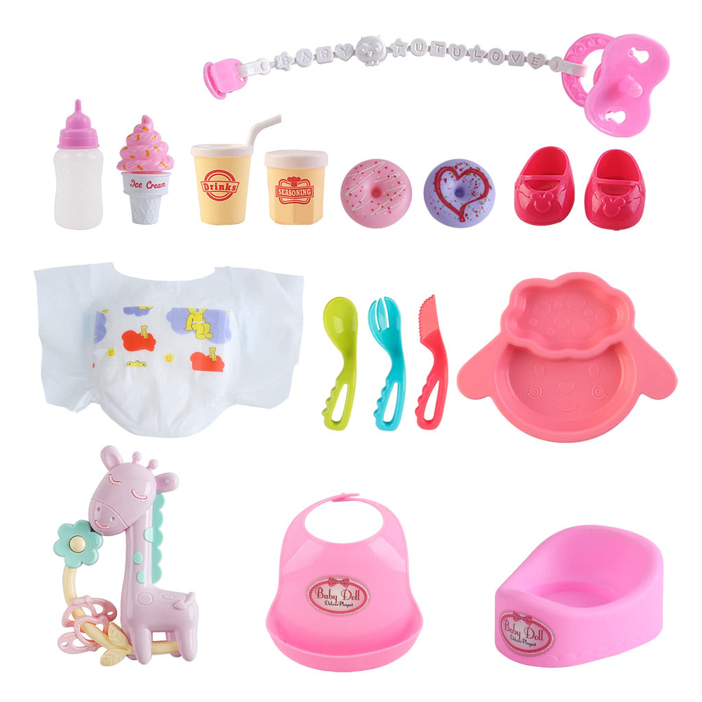 deAO Black Baby Doll Set - Mobile, High Chair, Stroller & Feeding Accessories - 21 Piece Play Set (Doll Included)