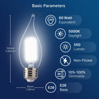 FLSNT LED Chandelier Edison Bulbs 5000K Daylight, 60W Equivalent, Dimmable CA11 E26 Base LED Candelabra Bulbs, 550LM, 24 Pack UL,CA65 Listed.