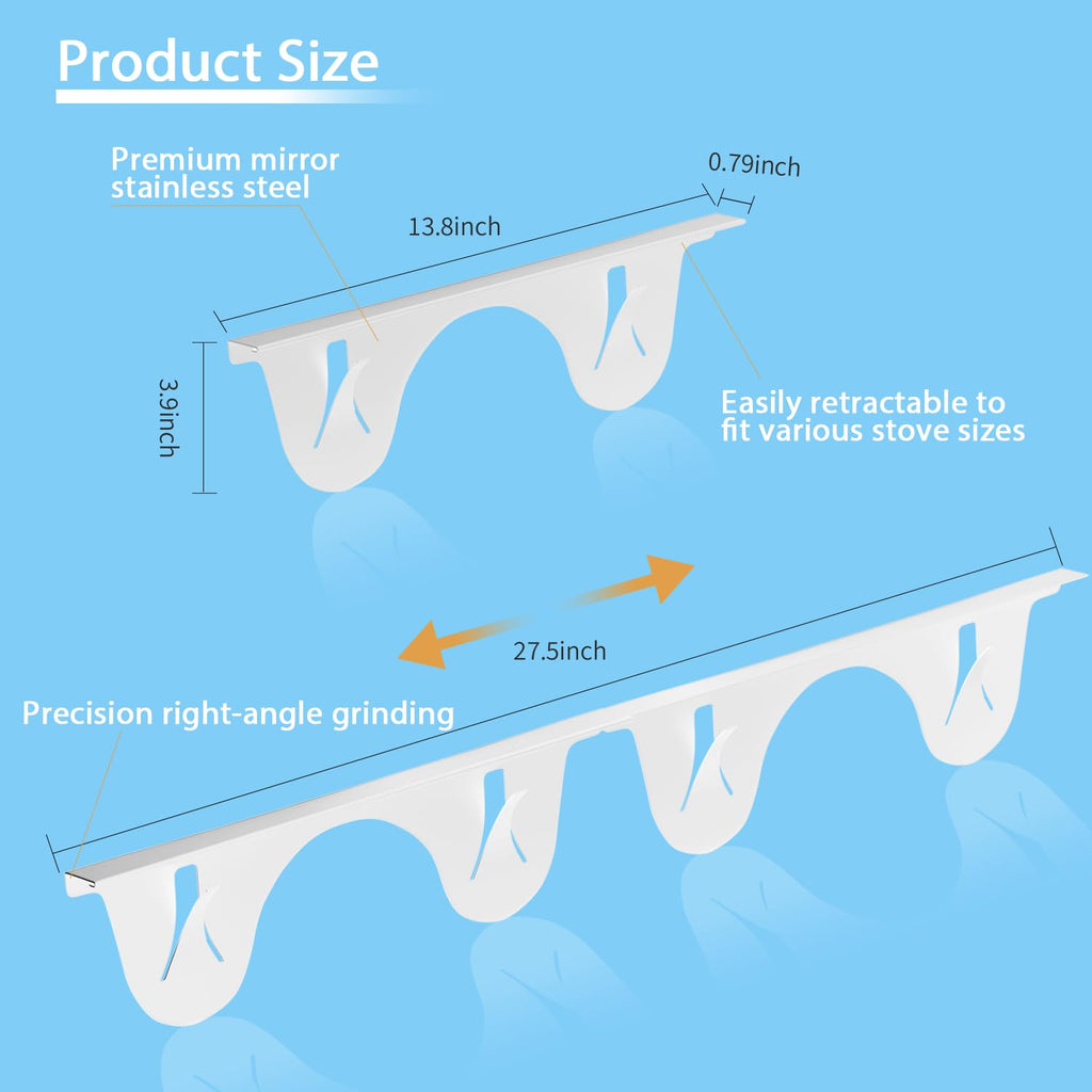 Stainless Steel Stove Counter Gap Cover (2 Pack, White), Stove Gap Guard, Stove Gap Filler for Kitchen, Range Trim Kit, Heat Resistant with Easy Clean, Adjustable Length 13.8” to 27.5”