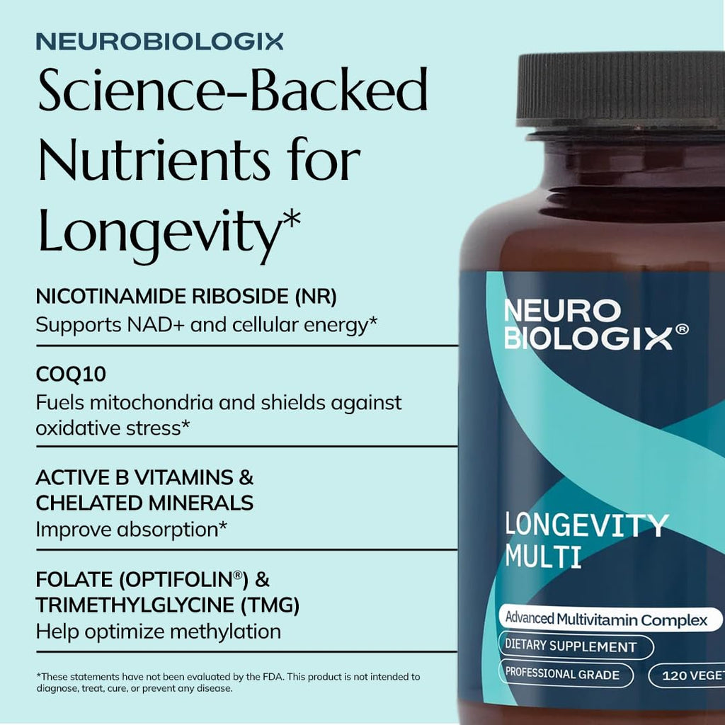 Neurobiologix Longevity Multi, Daily Multivitamin for Men & Women, Over 40 Vitamins & Minerals, NR, CoQ10 & Active B, Iron Free Vitamins for Women & Men for Energy & Wellness, 120 Capsules