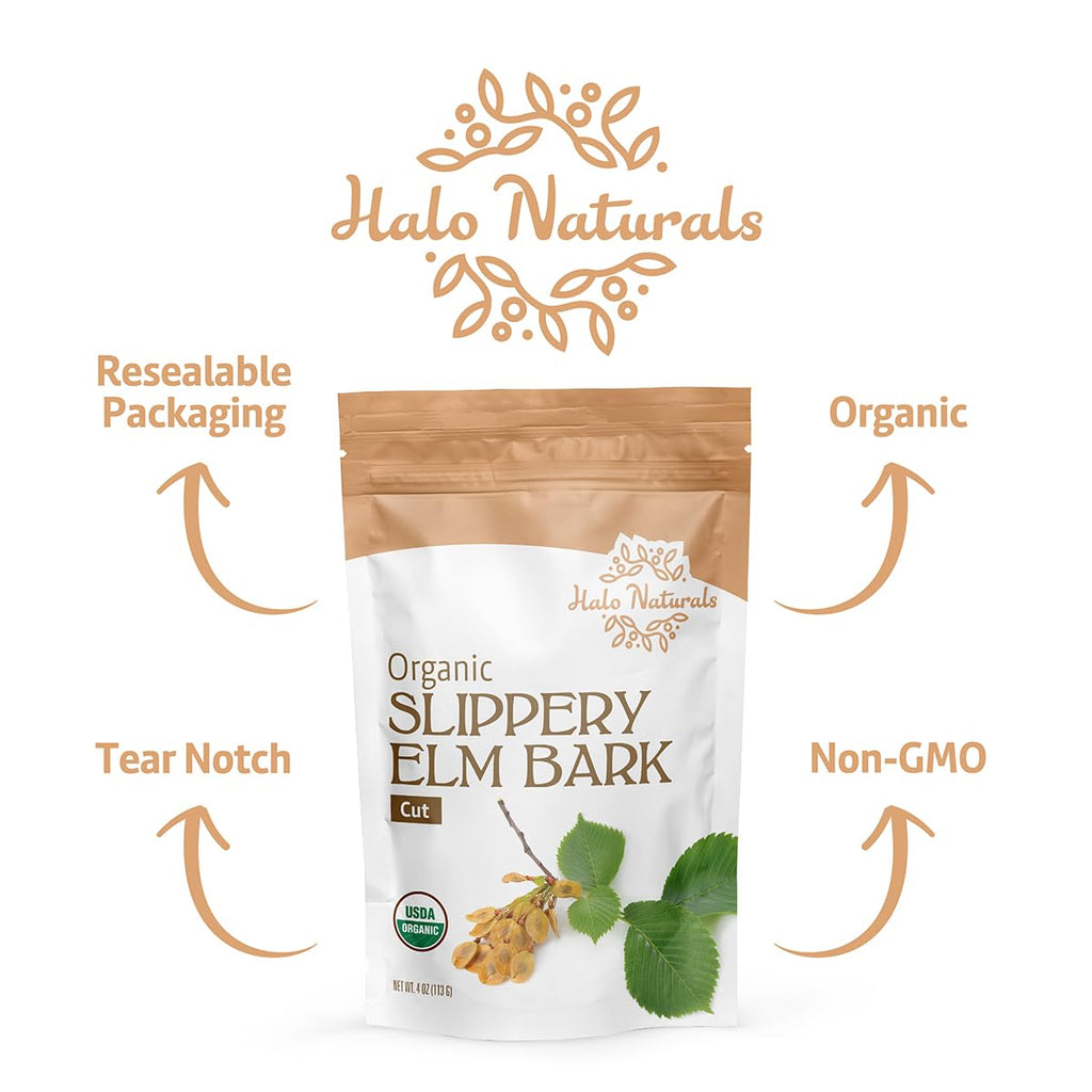 Halo Naturals Organic Slippery Elm Bark Cut, 4 Ounces (Ulmus rubra) USDA Certified | Resealable Pouch| Packaged in The USA (Pack of 1)
