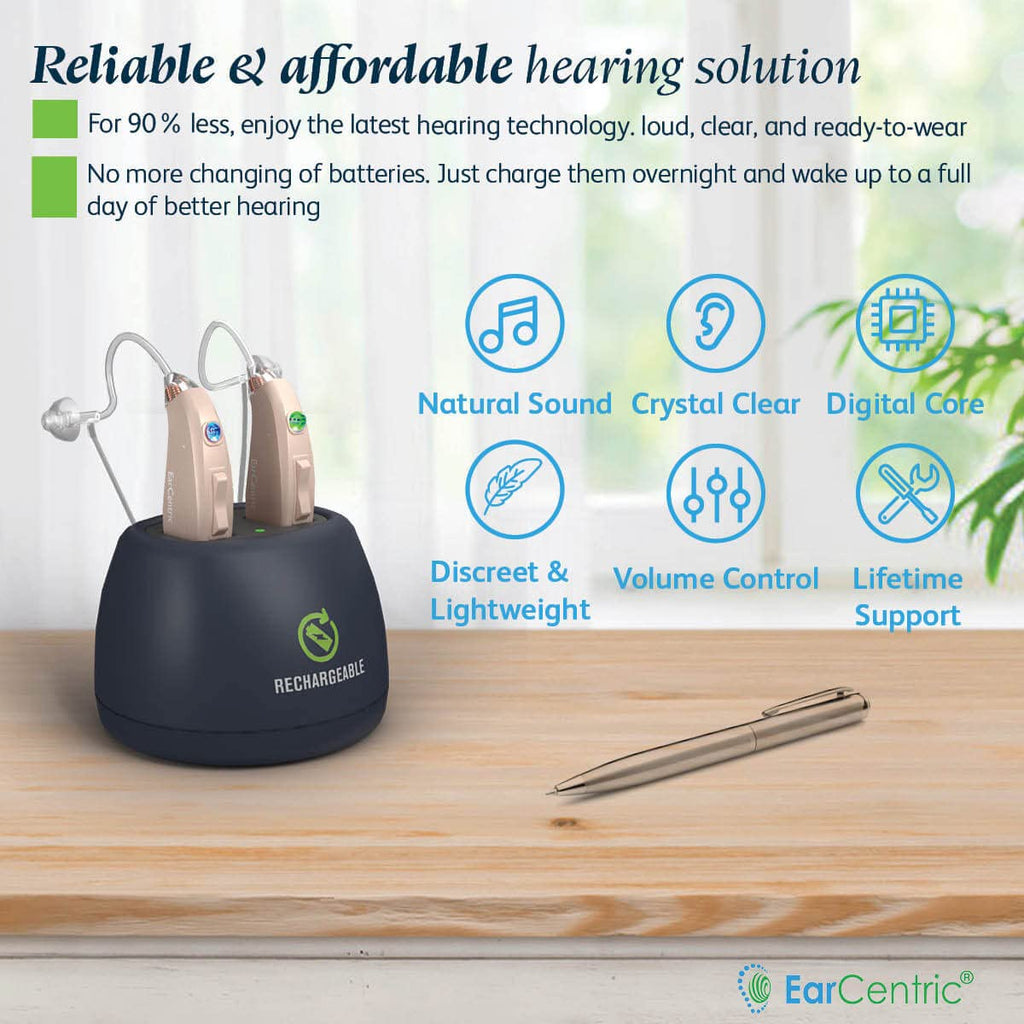 EarCentric EasyCharge Rechargeable Hearing Aids (Pair) for Seniors, Behind-The-Ear BTE Ear Aid PSAP digital Personal sound amplification products devices with Noise Cancellation (Beige)