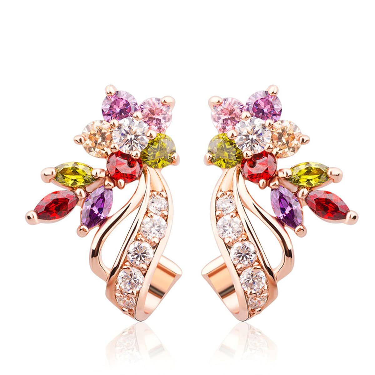 BISAER Rose Gold Multicolor CZ Flower Stud Earrings for Women Lady Trendy