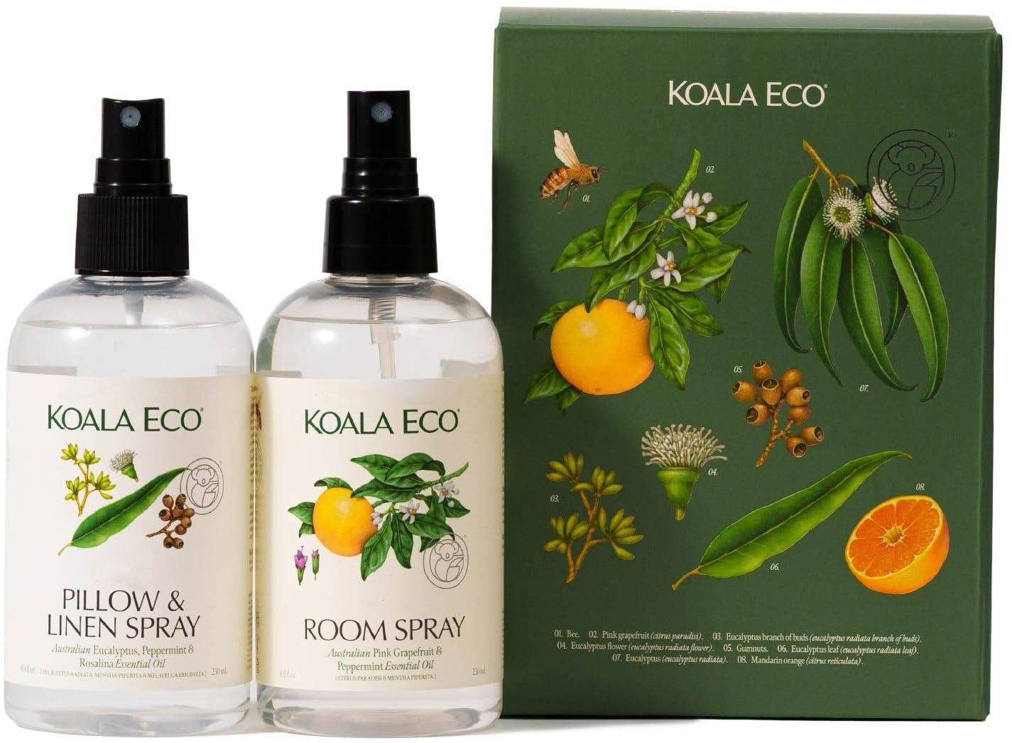 Koala Eco Aromatherapy Gift Collection - Room & Linen, Beautifully Packaged - with Australian Lemon Eucalyptus, Lemon Myrtle & Rosemary Essential Oil, 8.2 oz (2 Pack)