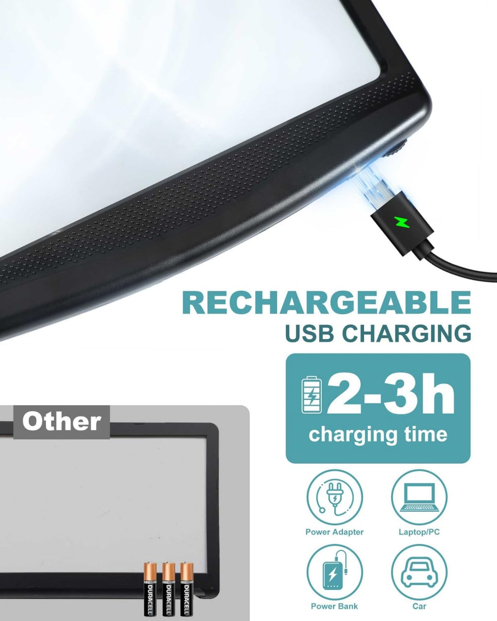 AKKYCVS 5X Rechargeable Magnifying Glass for Reading, Large Bright LED Lighted Full Page Magnifier, Lightweight Rectangular Handheld Magnifier with Light for Reading Small Prints for Seniors, Black
