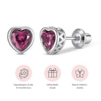 Heart Birthstone Screw Back Earrings, 925 Sterling Silver Hypoallergenic (June)