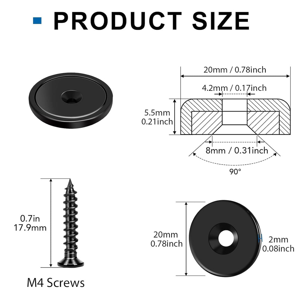 LOVIMAG Strong Magnets, 30lb Holding Force Rare Earth Magnets, Cabinet Door Magnet with Countersunk Hole and Matching Iron Sheet and Screw for Hanging, Holding Tools, Science-Black, 0.78x0.2 inch