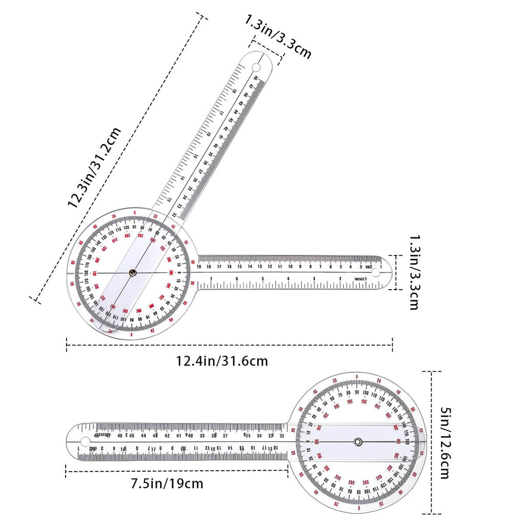 Goniometer 12 inch, Transparent Orthopedic Angle Ruler Plastic Goniometer, 360 Degree Clear Protractor Physical Therapy for Body Measuring Tape Goniometer Protractor Ruler