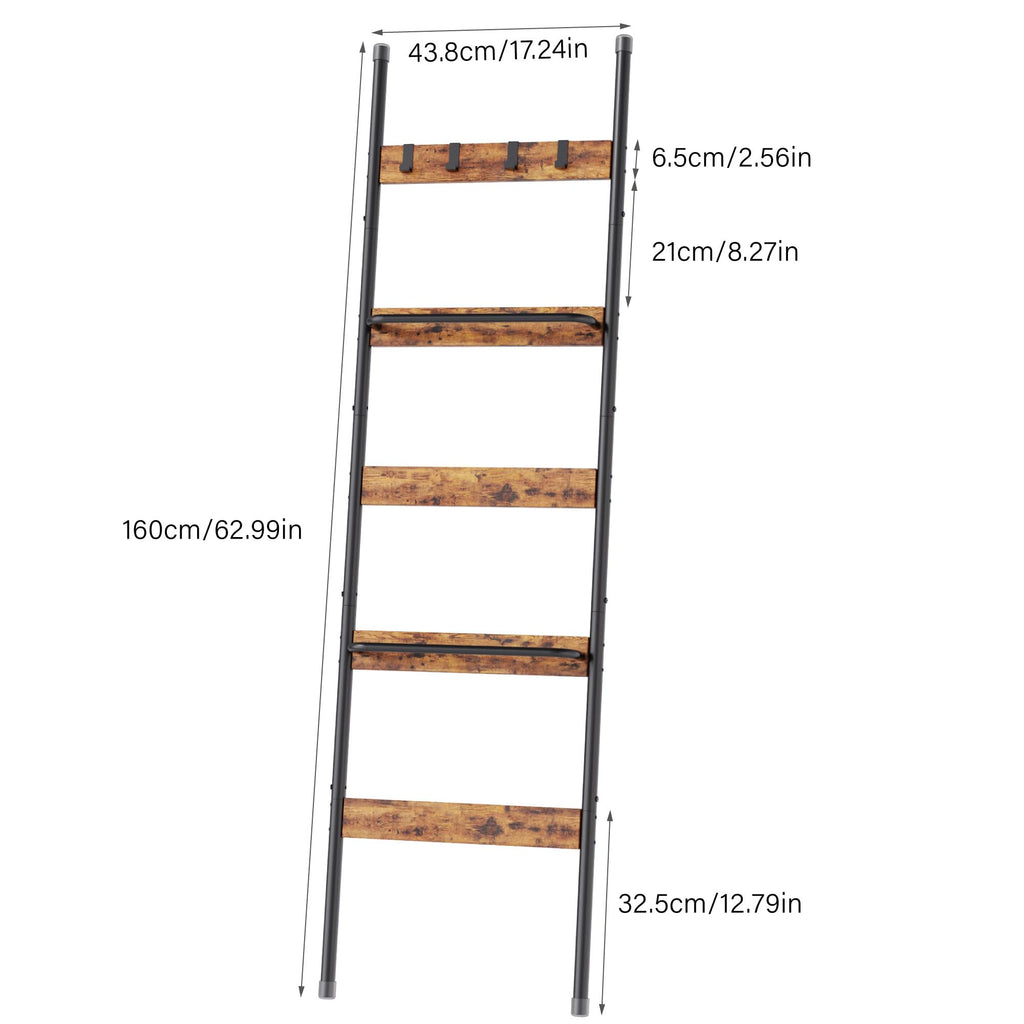 Blanket Ladder, 5-Tier Towel Holder with 2 U-shaped storage rack, Farmhouse Wall Leaning Decorative Rack Shelf, Towel Display Rack, Removable Hooks, Quilt Ladder for Living Room, Bedroom, Rustic Brown