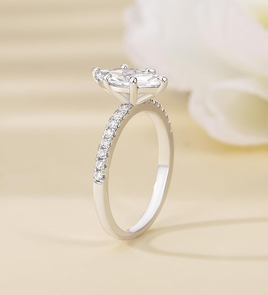 TIGRADE 2CT Engagement Ring for Women Marquise Cut Cubic Zirconia Wedding Band CZ Promise Anniversary Ring Size 3-12, Silver, Size 6.5