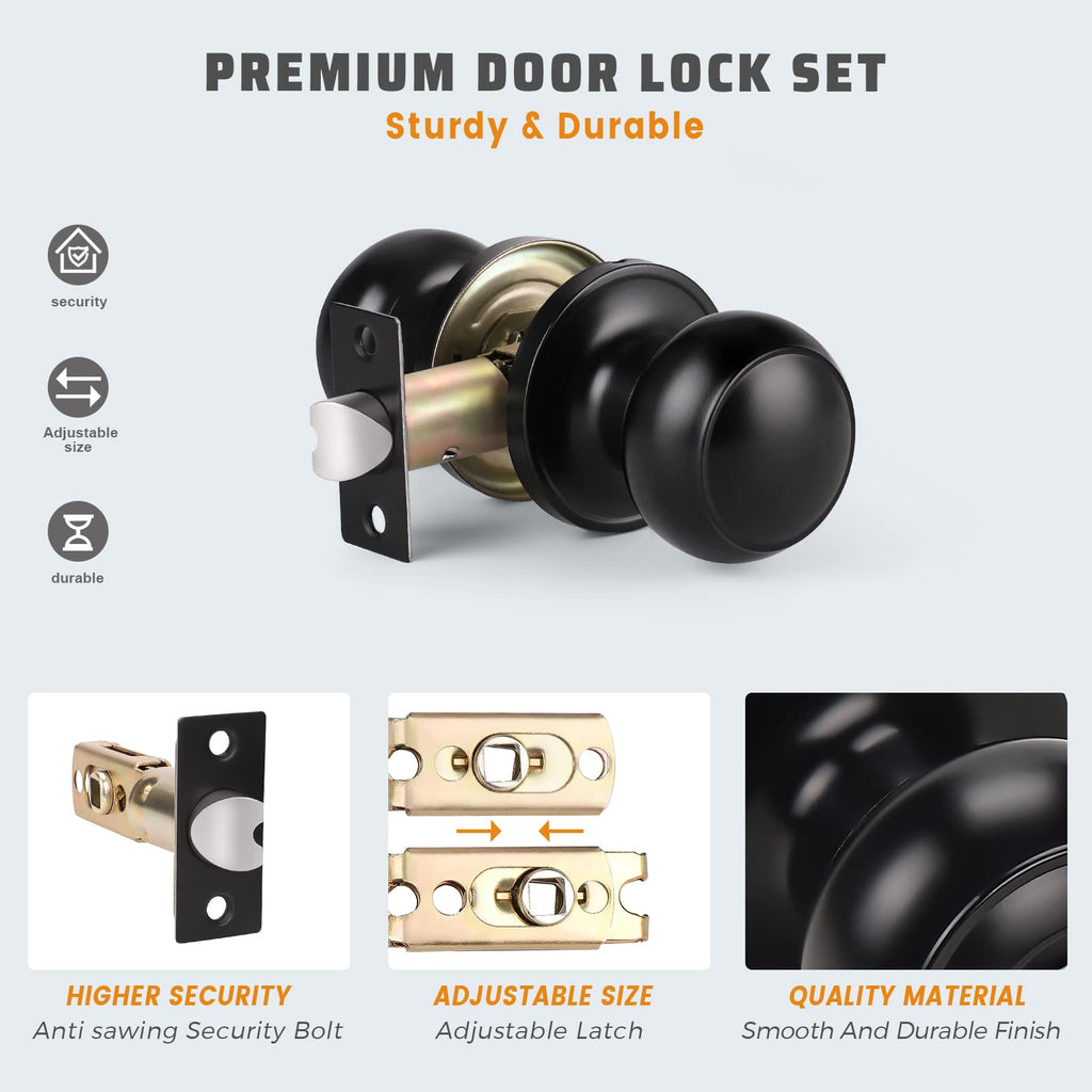 KNOBWELL 10 Pack Modern Door Knob Passage Door Knob, Black Closet Door Knobs, Non Locking Interior Door Knobs Round Ball Door Handle Lockset, Matte Black Keyless Doorknob for Hallway
