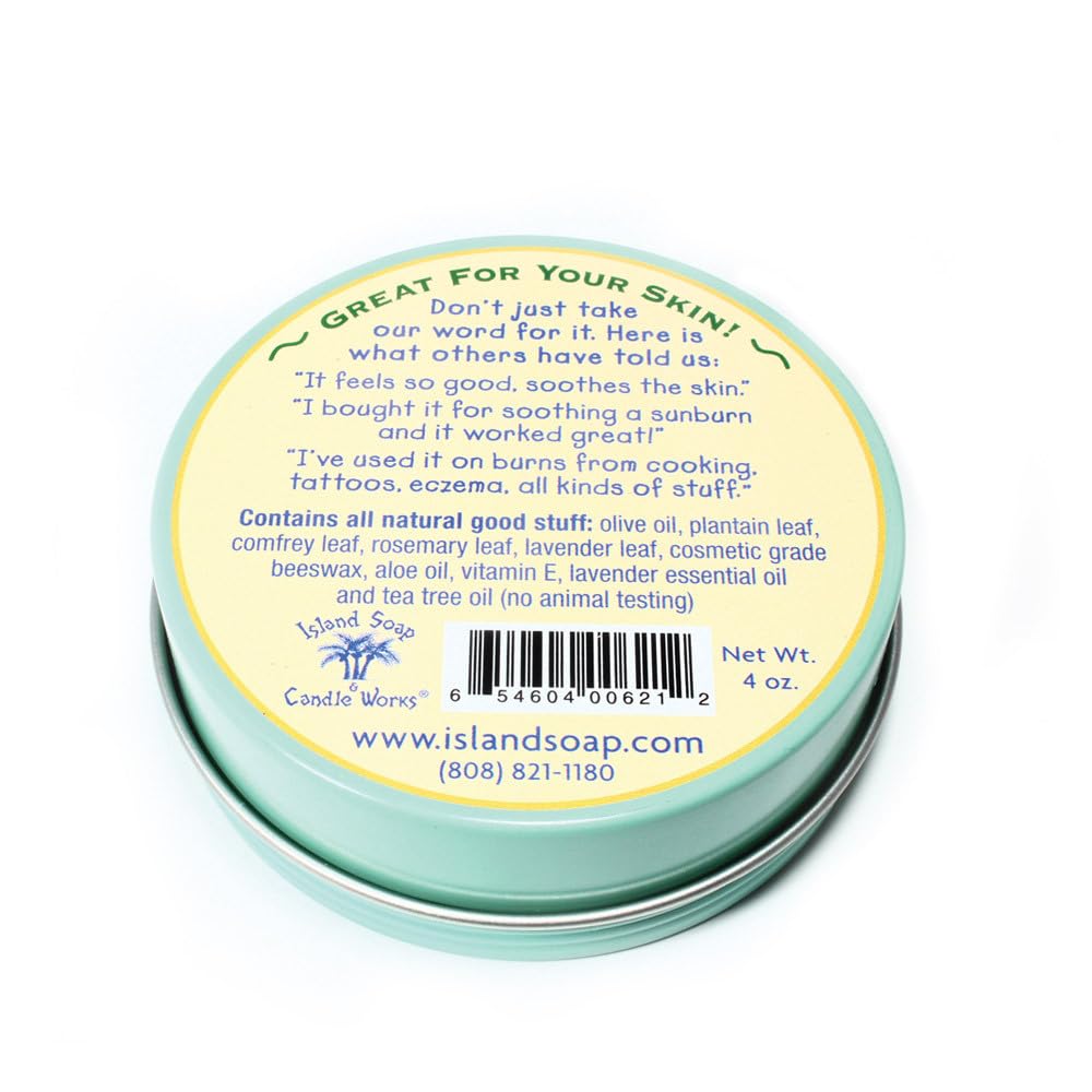 Island Soap & Candle Works Surfer's Salve - All Natural Skin Soothing Balm - Moisturizing Anti-Chafing Ointment for Insect Bites, Sunburn, Windburn, Chapped Lips, Rashes & New Tattoos - 4 Ounce