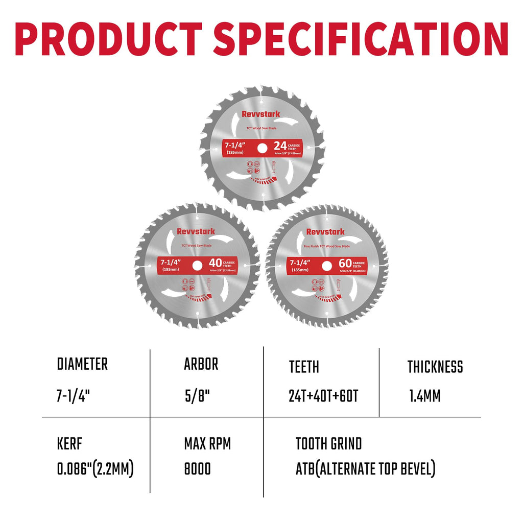 3 Pack 7 1/4 Circular Saw Blade 24T&40T&60T Combo, TCT ATB 24T Framing, 40T Ripping & Crosscutting, 60T Finish Saw Blade for Various Wood Cutting, 5/8" Arbor, Fit Dewalt Craftsman Ryobi Milwaukee
