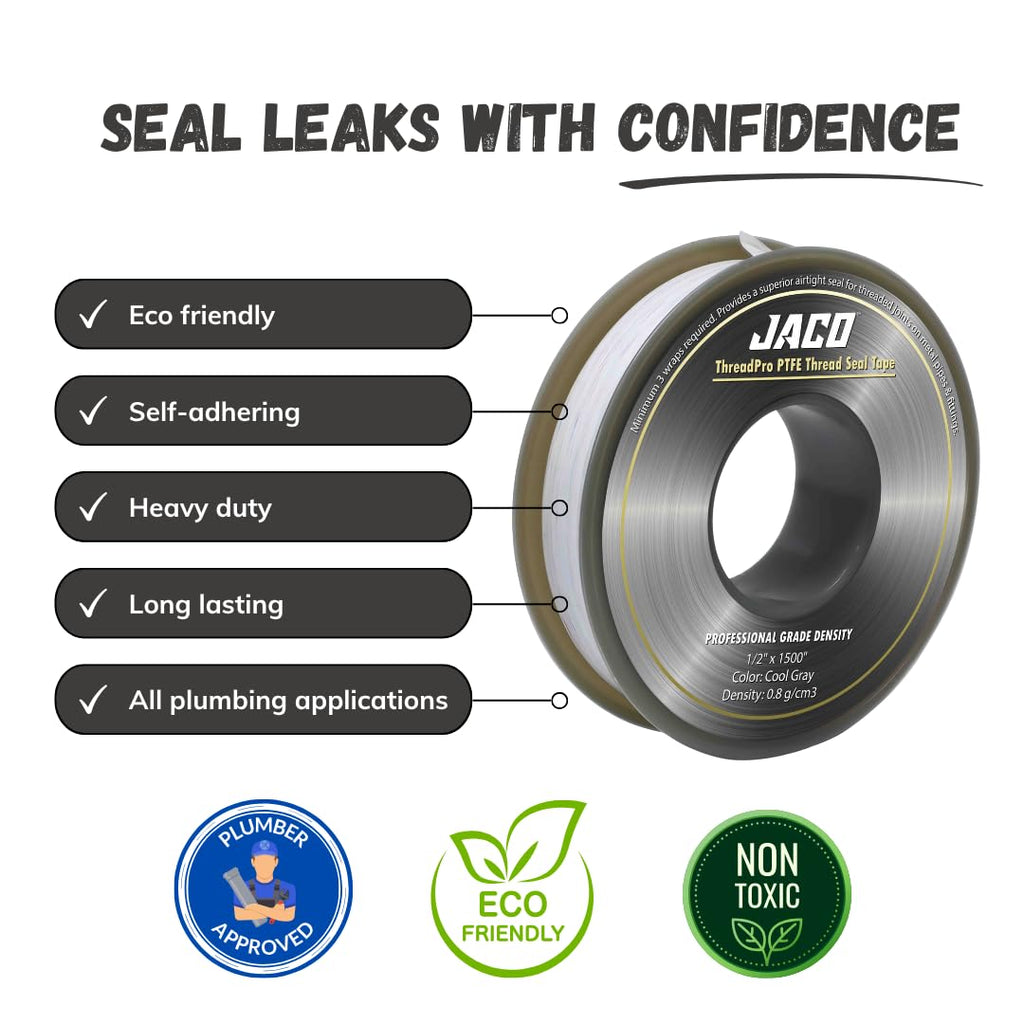 JACO ThreadPro High-Density Thread Seal Tape - 1/2" x 125 ft. (Mega Roll) | Professional PTFE Pipe Sealant | Plumbers Tape (3-Pack)
