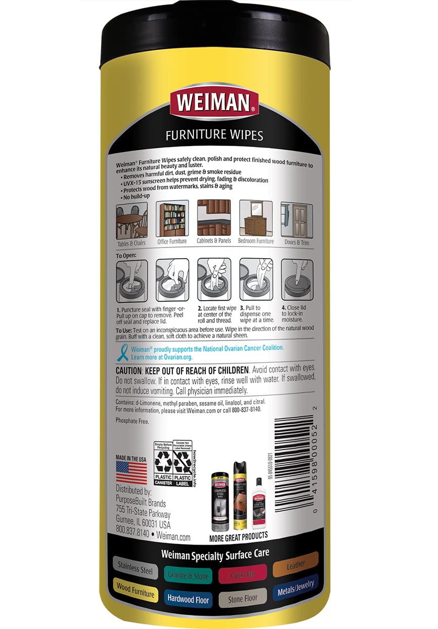 Weiman Wood Polish and Cleaning Wipes, For Furniture Cleaner, Protect from Watermarks, Stains & Aging, No Build-Up, UVX-15 Prevent Drying, Fading & Discoloration, 2 Pack with Microfiber Cloth