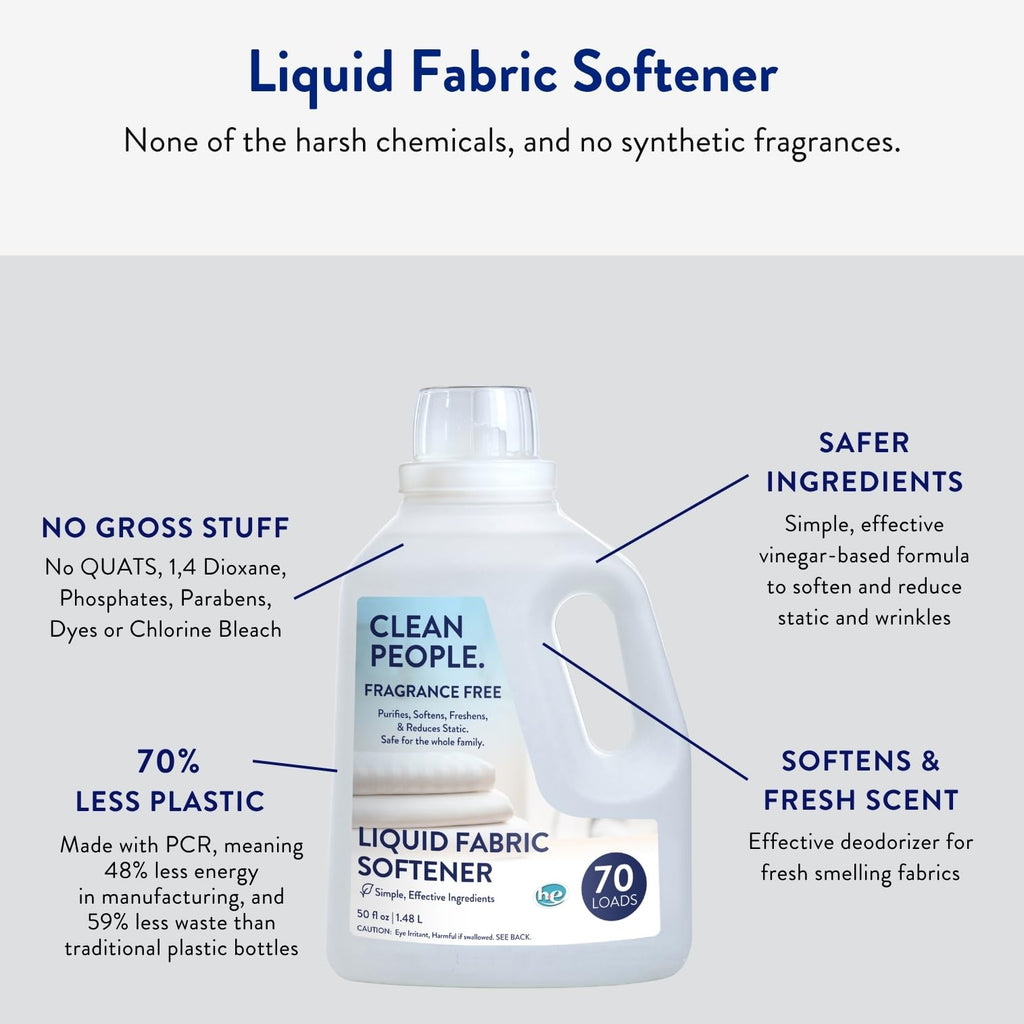 The Clean People Liquid Fabric Softener - Softens & Removes Static Cling - Vegan (50 Fl Oz, Fragrance Free)