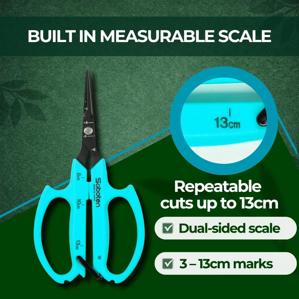 Saboten Japanese Harvesting Shears, Magnetic Springless, Fine-Tip Angled Blade, Fluorine-Coated Steel, Non-Slip Grip, Safety Lock, Made in Japan (Turquoise)