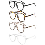 MMOWW 4 Pack Oversized Aviator Reading Glasses for Women Men Retro Double Bridge Pilot Style Blue Light Blocking Computer Readers, Black/Tortoise/Grey Tortoise/Transparent +1.5