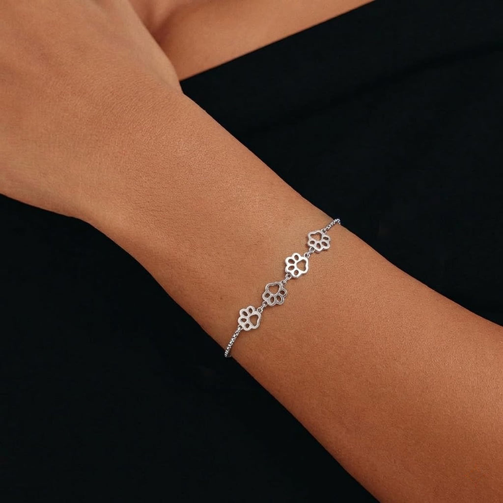 BISAER 925 Sterling Silver Cat Dog Paw Print Charm Bracelet for Women