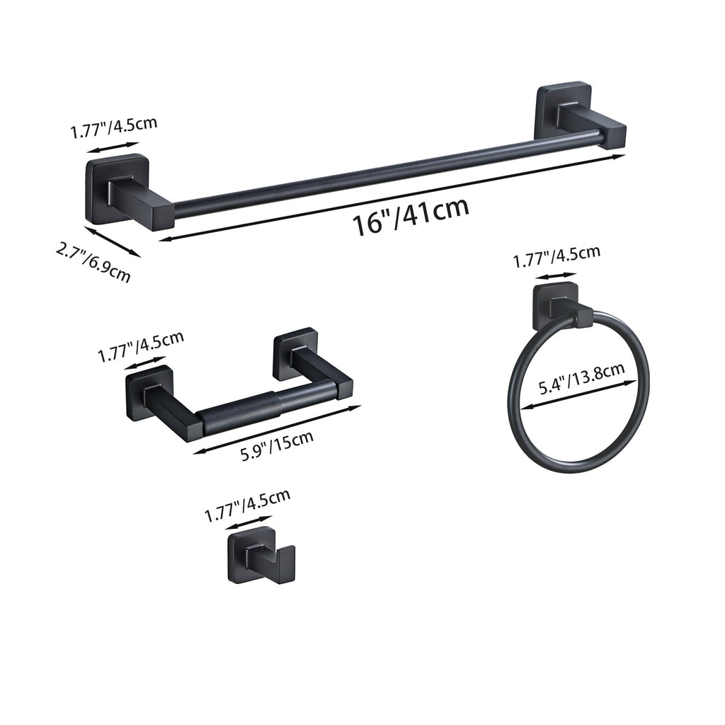 Matte Black Bathroom Hardware Set 4 Pieces,Towel Bar Set Stainless Steel Wall Mounted, Includes 16In Hand Towel Bar, Towel Ring, Robe Towel Hooks,Toilet Paper Holder, Bathroom Towel Rack Set