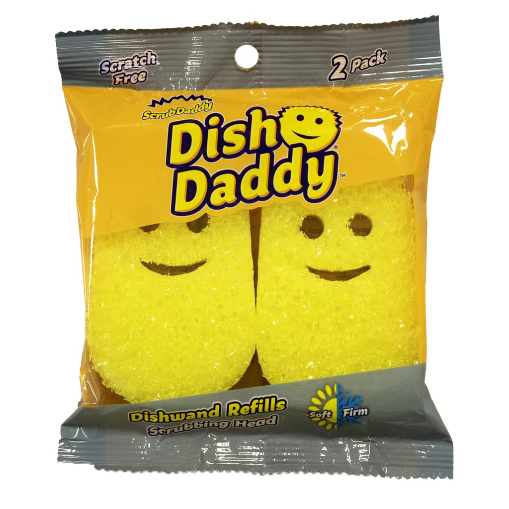 Scrub Daddy Dish Daddy Wand, Refill Heads, Sponge & Connector Head, Soap Dispensing Dish Brush, Texture Changing Washing Up Sponge with Liquid Handle, Built-in Scraper & Scrubbing Head - Yellow