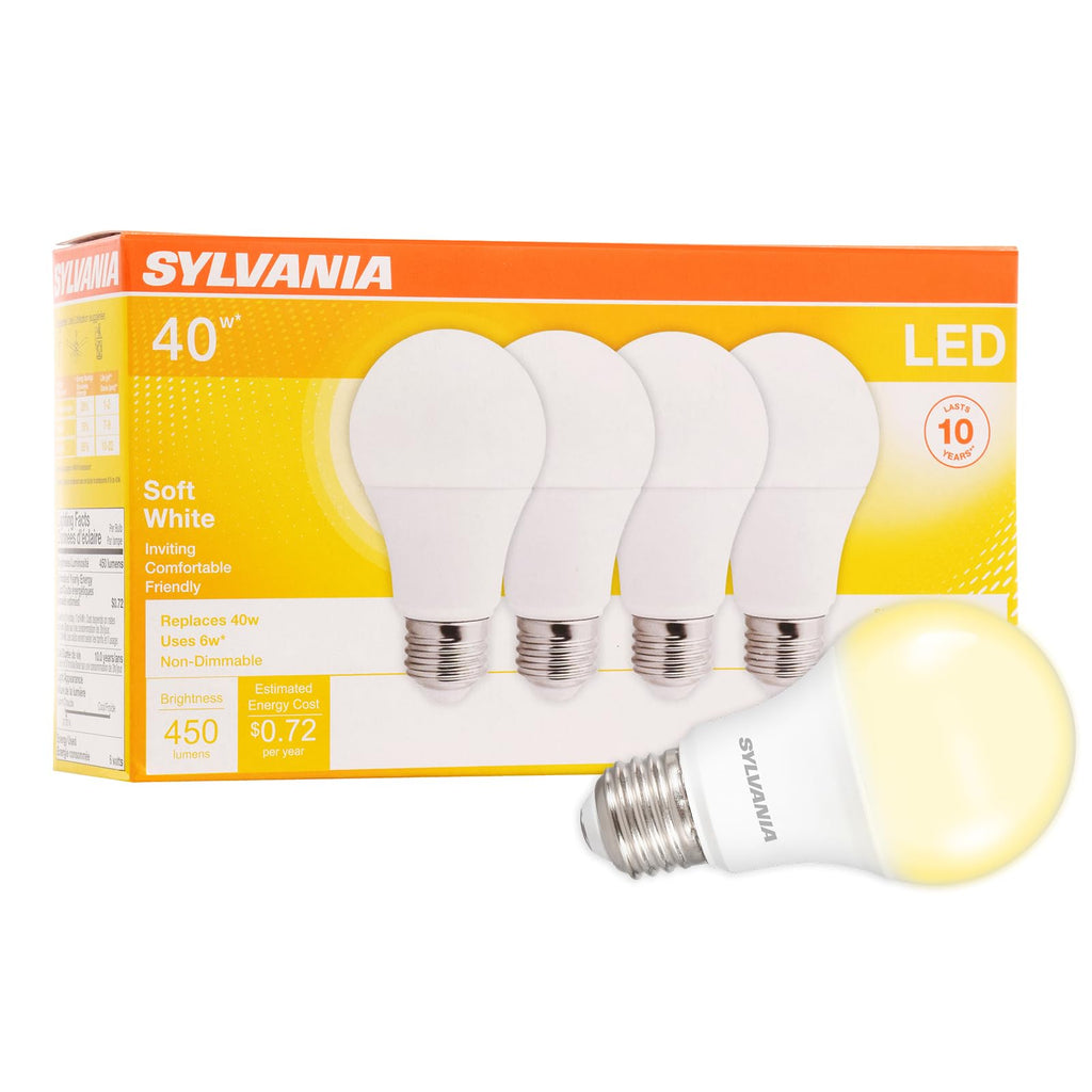 Sylvania LED Light Bulb, 40W Equivalent A19, Efficient 6W, Medium Base, Frosted Finish, 450 Lumens, Soft White (74079) (Pack of 1, 4 Count Total)