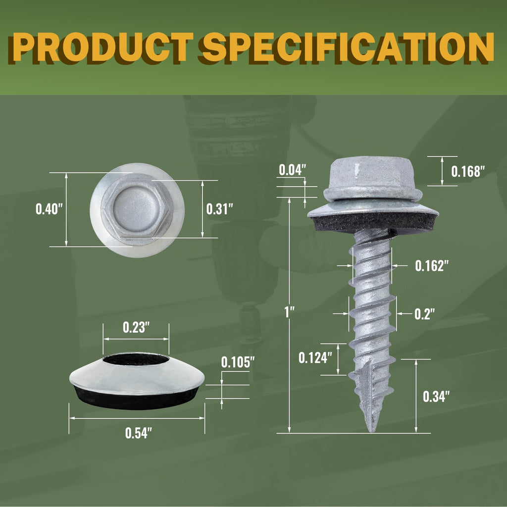 LIONMAX 300-PCS Metal Roofing Screws #10 × 1 Inch, Rustproof Coating Hex Head Sheet Metal to Wood Siding Screw with Rubber Washer, Sharp Point, Hex Socket Included