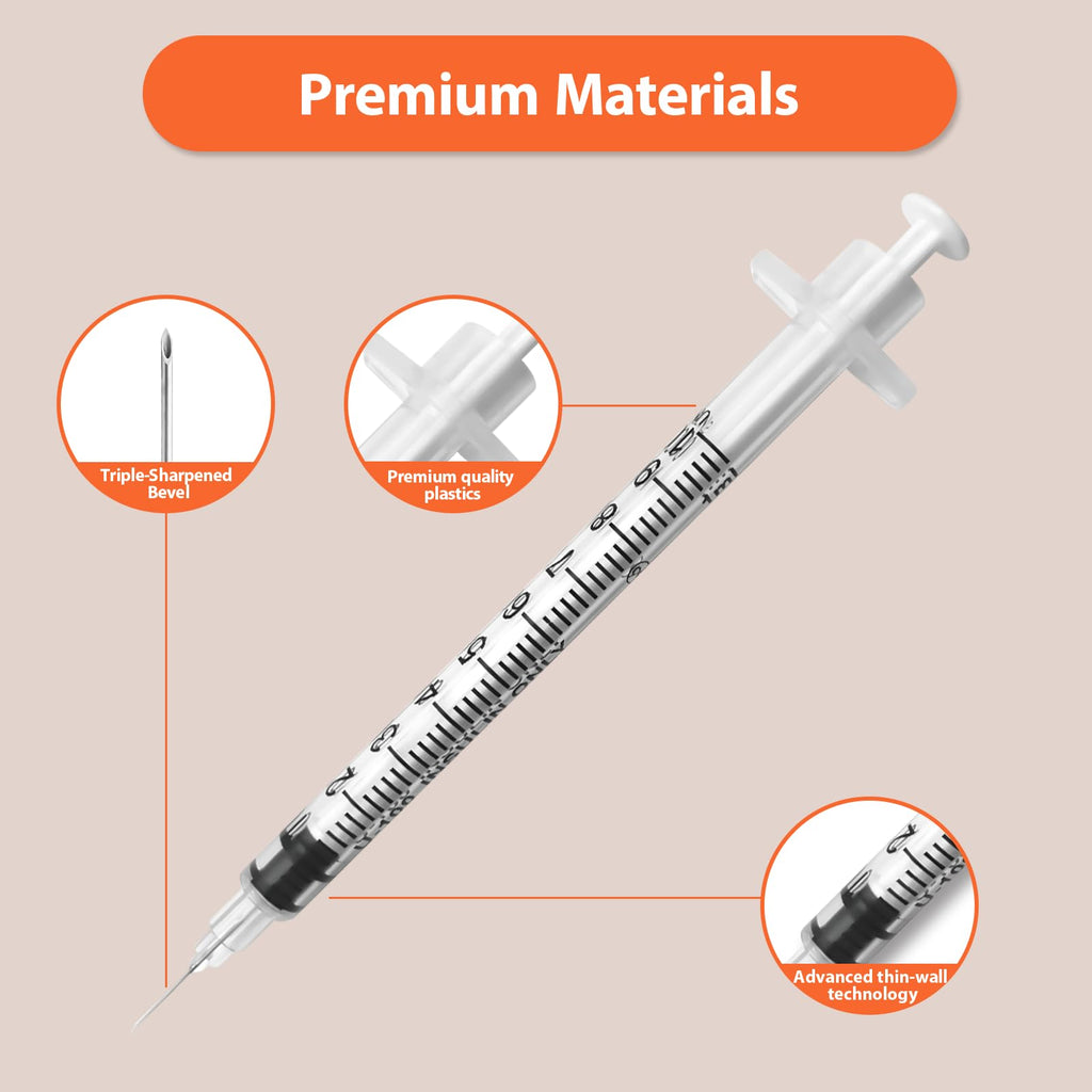 Syringes with Needle, 100 Pack U-100 1ml 31G 5/16" (8mm) Syringe