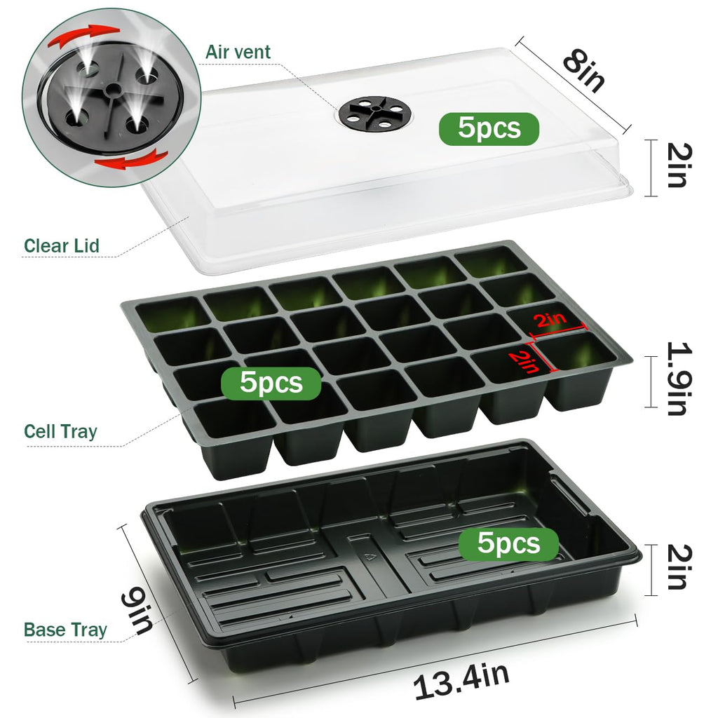 5-Pack Seed Starter Trays with Humidity Dome & Large 24-Cell Plug Trays