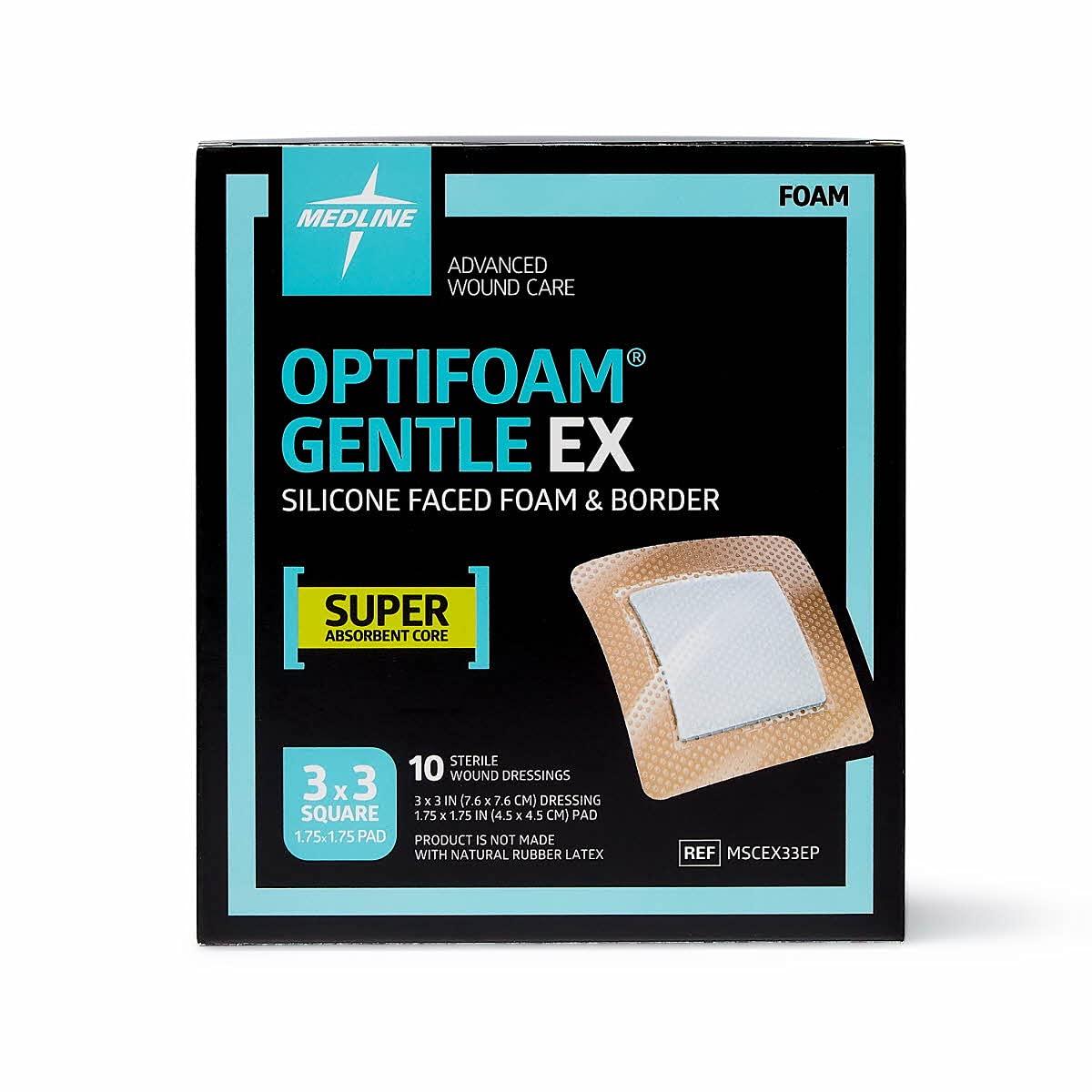 Optifoam Gentle EX Silicone-Faced Bordered Foam Dressing, 3" x 3", 10 Count