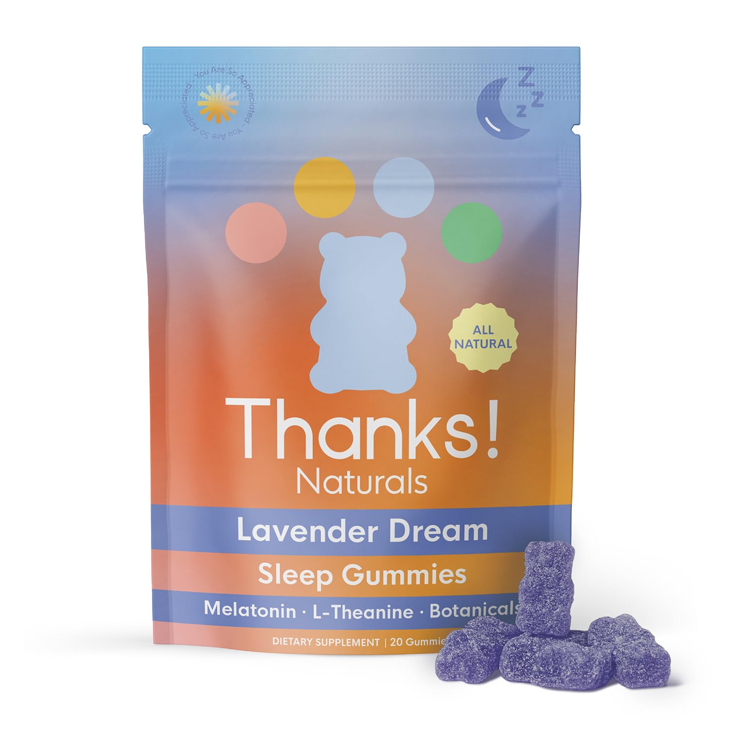 Thanks! Naturals, Lavender Dream Night Gummies, Botanical Blend with Melatonin, L-Theanine & Magnesium, Relaxing Bedtime Routine, Soft Fruity Chews for Evening Unwind, Plant-Based, 20 Count, 1.47 OZ
