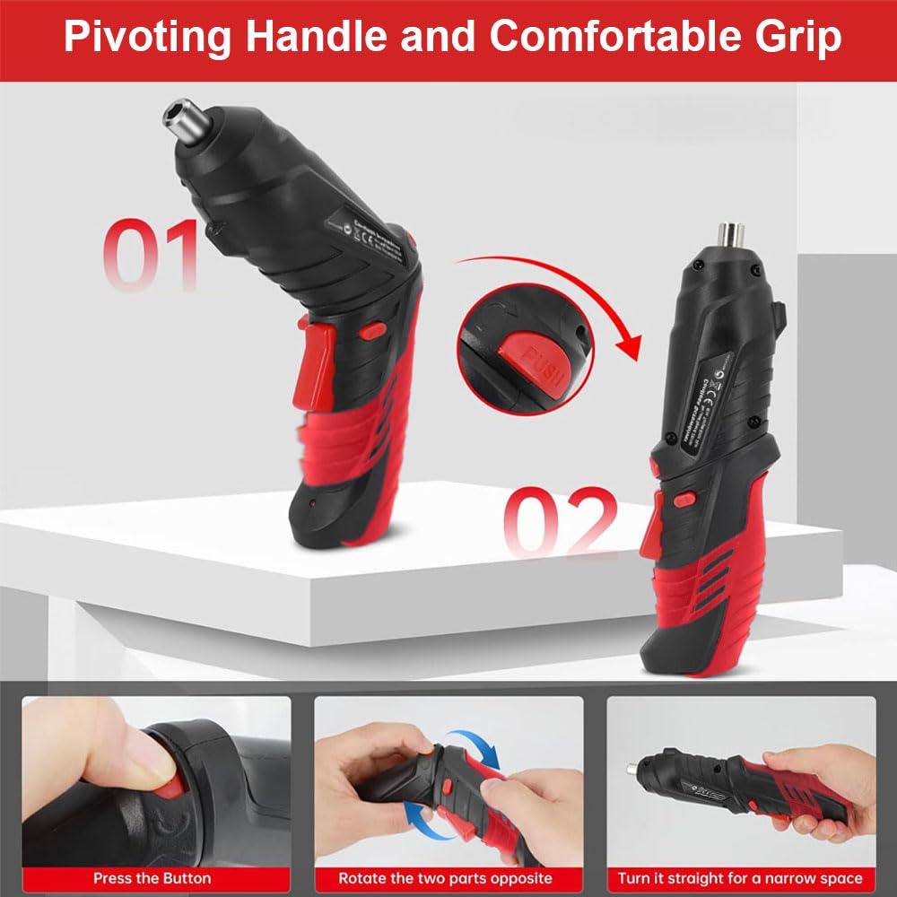 AFNZTME Cordless Power Screwdriver Electric Screwdriver Rechargeable Set, Battery Powered Screwdriver Kit Including 46pcs Bits, Pivoting Handle and LED Lights Small Drills Cordless (Red)