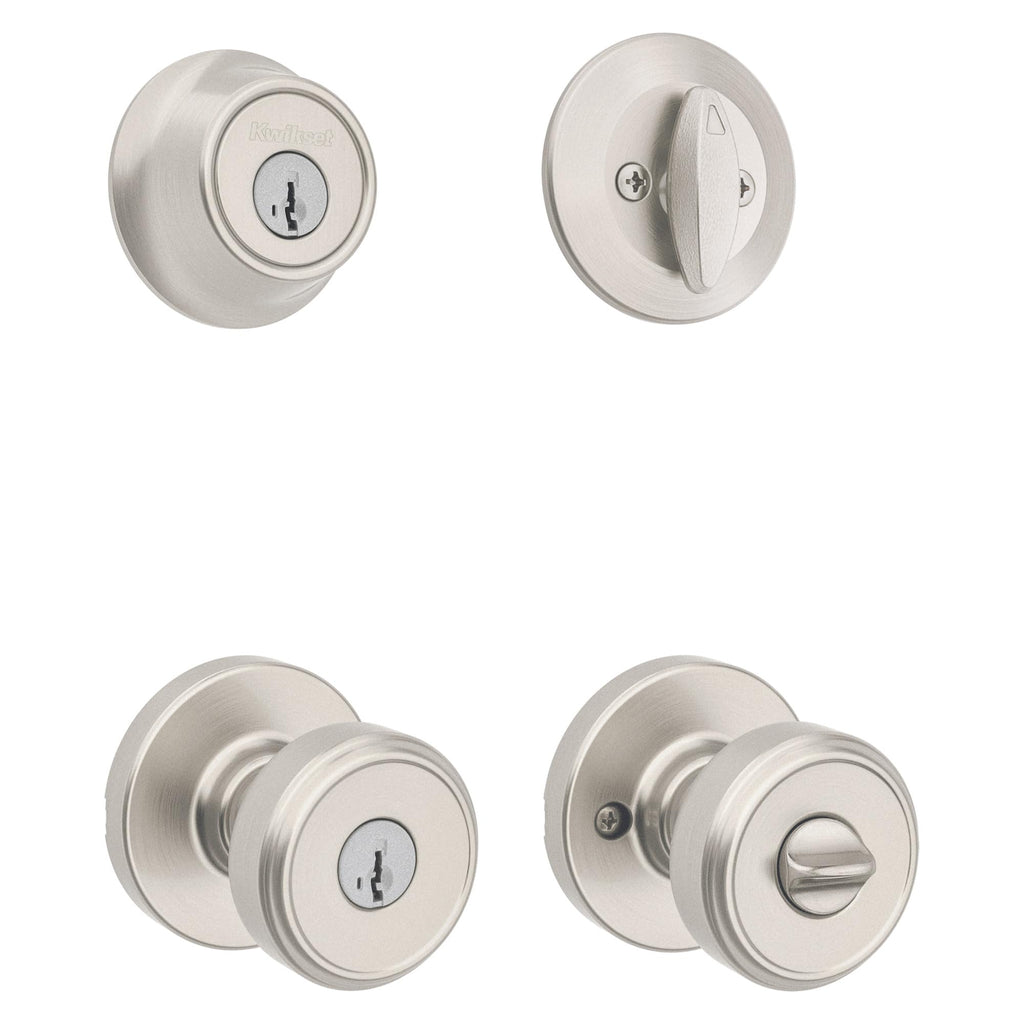 Kwikset Maven Front Door Lock Handle and Deadbolt Set, Entry Handleset Round Exterior with Interior Door Knob, Secure Locking Deadbolt, Satin Nickel, with Microban Protection