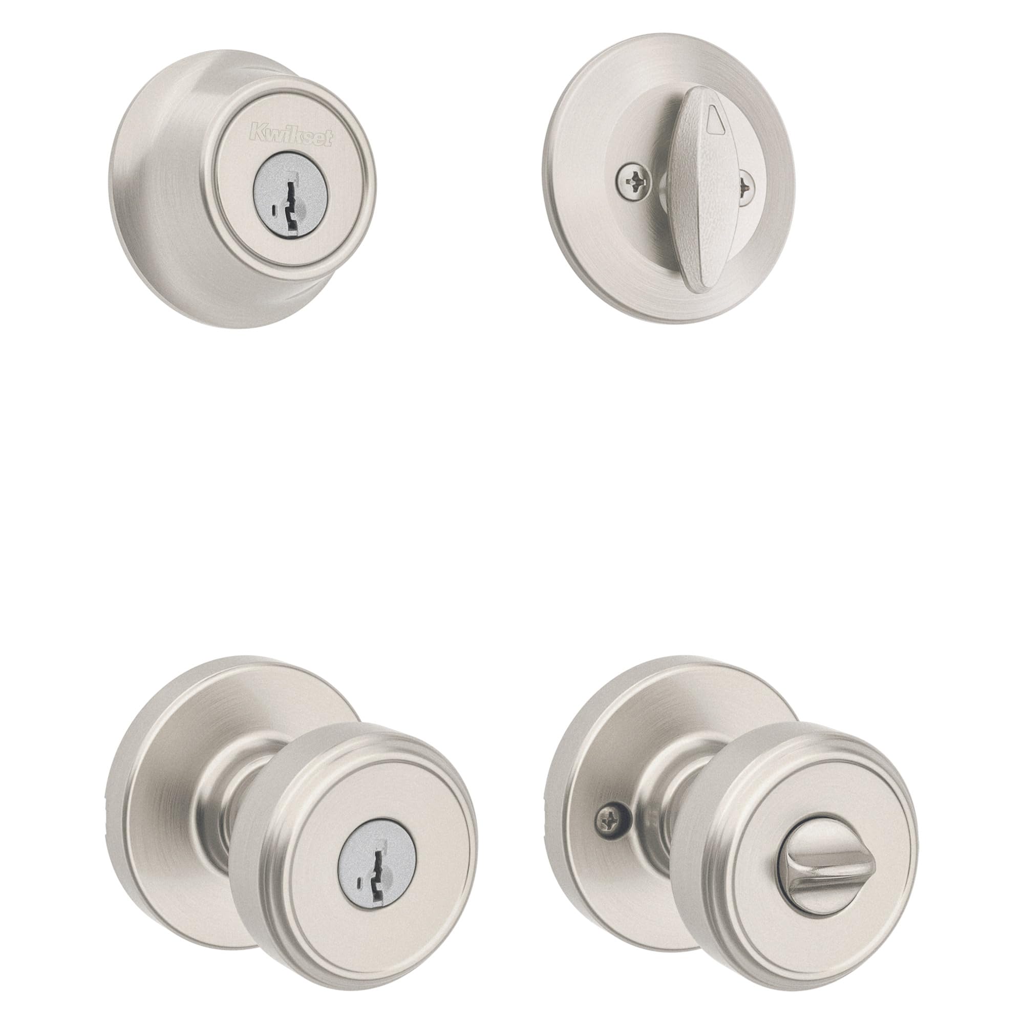 Kwikset Maven Front Door Lock Handle and Deadbolt Set, Entry Handleset Round Exterior with Interior Door Knob, Secure Locking Deadbolt, Satin Nickel, with Microban Protection