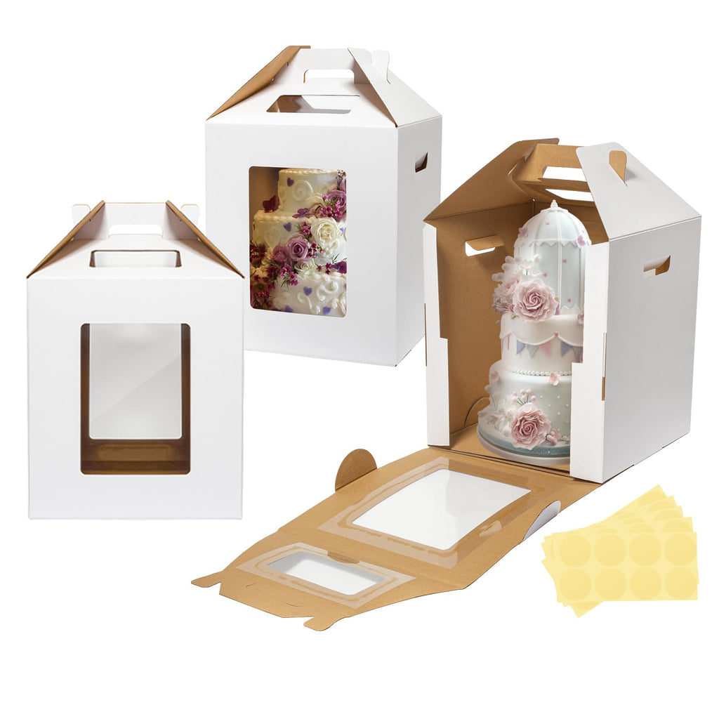 Wowxyz 3 Pack Tall Cake Boxes for Tier Cakes 12x12x14 Inch Disposable Layer Tall Baking Carrier with Window Large Tierd Bakery Take Out Transport Containers with Handle for Wedding, Birthday, Party