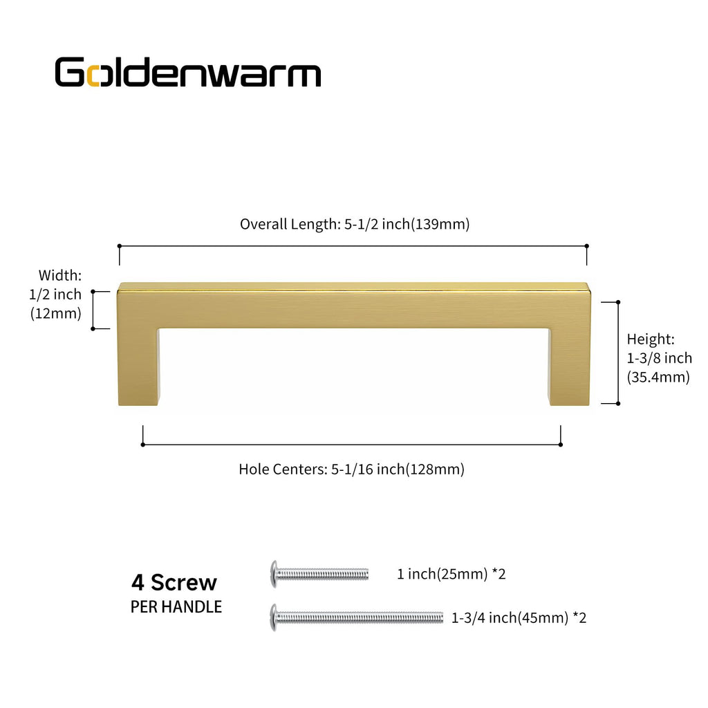 Goldenwarm 10 Pack 5in Gold Cabinet Handles Brushed Gold Cabinet Pulls Brass Drawer Pulls Stainless Steel 128mm Cabinet Hardware Pulls for Kitchen Cabinets