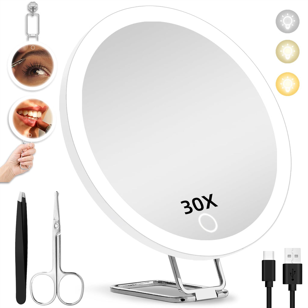 JJhxr 30X Magnifying Mirror with Lights, 6inch Makeup Magnified Mirror 30X Lighted Travel Magnification with 3 Suction Cups and 360° Adjustable Stand- Includes Tweezers & Scissors